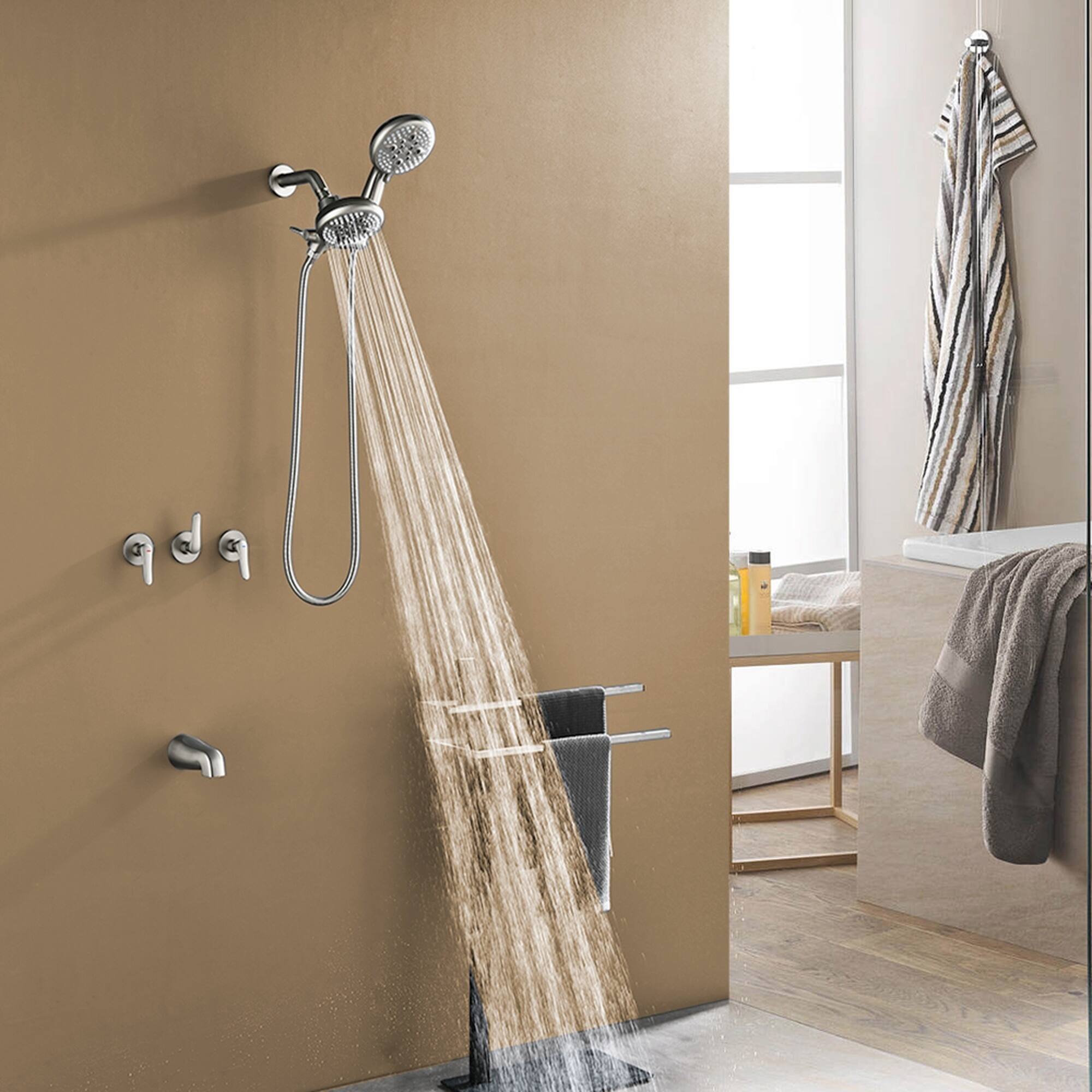 Alt View 4. Boyel Living - Brushed Nickel Three Handle Shower System Brass SUS304 5-Function Dual ABS Shower Heads 60-Inch Hose - Brushed Nickel.