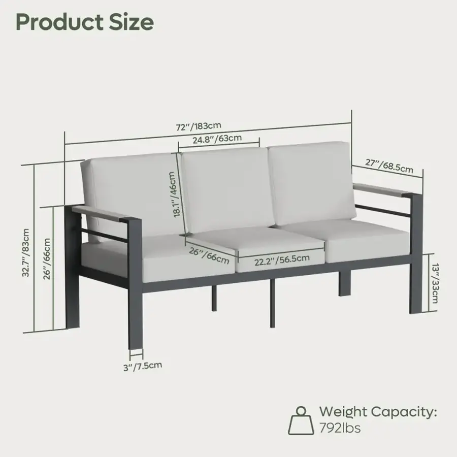 Product Size: 32.7" (83cm) x 7" (26cm) x 72" (183cm) x 24.8" (63cm) x 46cm x 18.1" (26" 66cm) x 26" (68.5cm) x 22.2" (56.5cm) x 22.2" (27" 68.5cm) x 13" (33cm) x 3" (7.5cm)
Weight Capacity: 792lbs