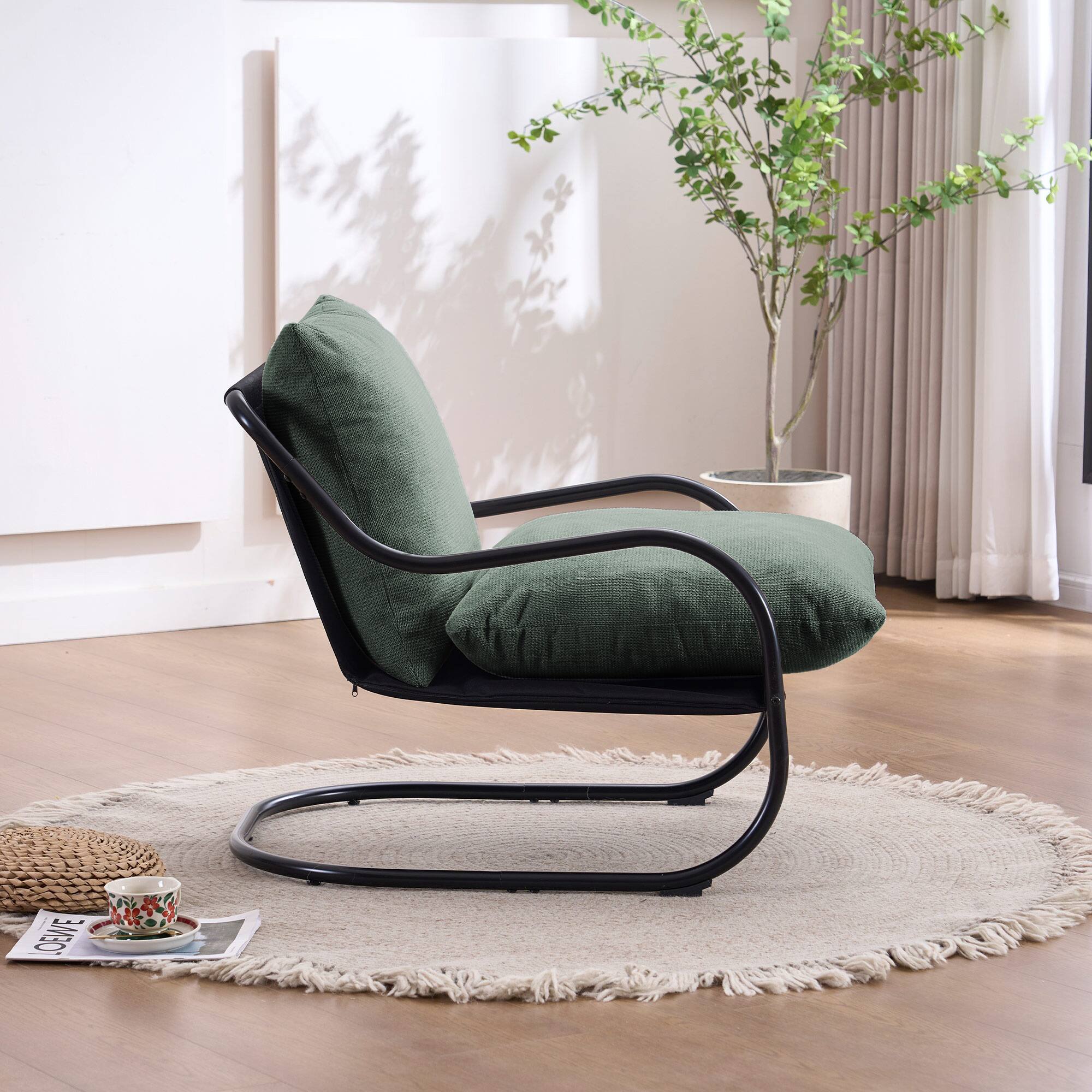Angle. FERPIT - FERPIT Modern Curved Accent Chair with Faux Linen Upholstery, Comfy Lounge Chair with Metal Frame & Cushions, Green - Green.