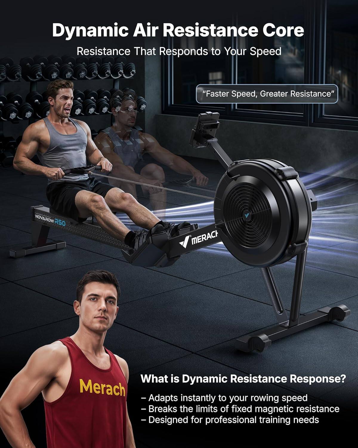 Dynamic Air Resistance Core  
Resistance That Responds to Your Speed  
"Faster Speed, Greater Resistance"  

NOVAROW R50 MERACH  

What is Dynamic Resistance Response?  
- Adapts instantly to rowing speed  
- Breaks the limits of fixed magnetic resistance  
- Designed for professional training needs