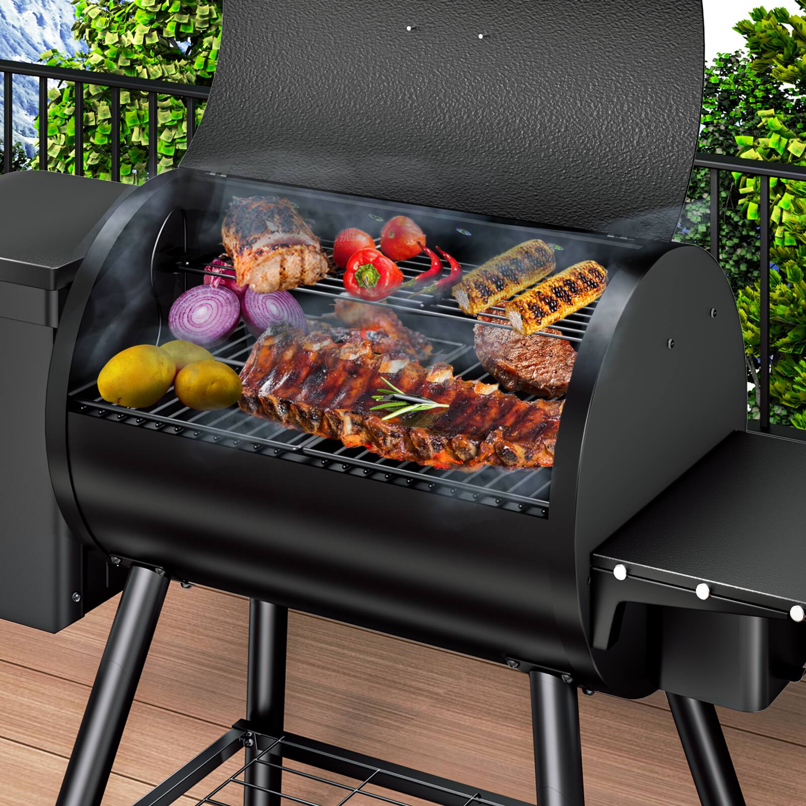 Back. KingChii - 456 Sq. In. Electric Wood Pellet Grill and Smoker with Side Shelf and PID Temperature Control (180–425°F).