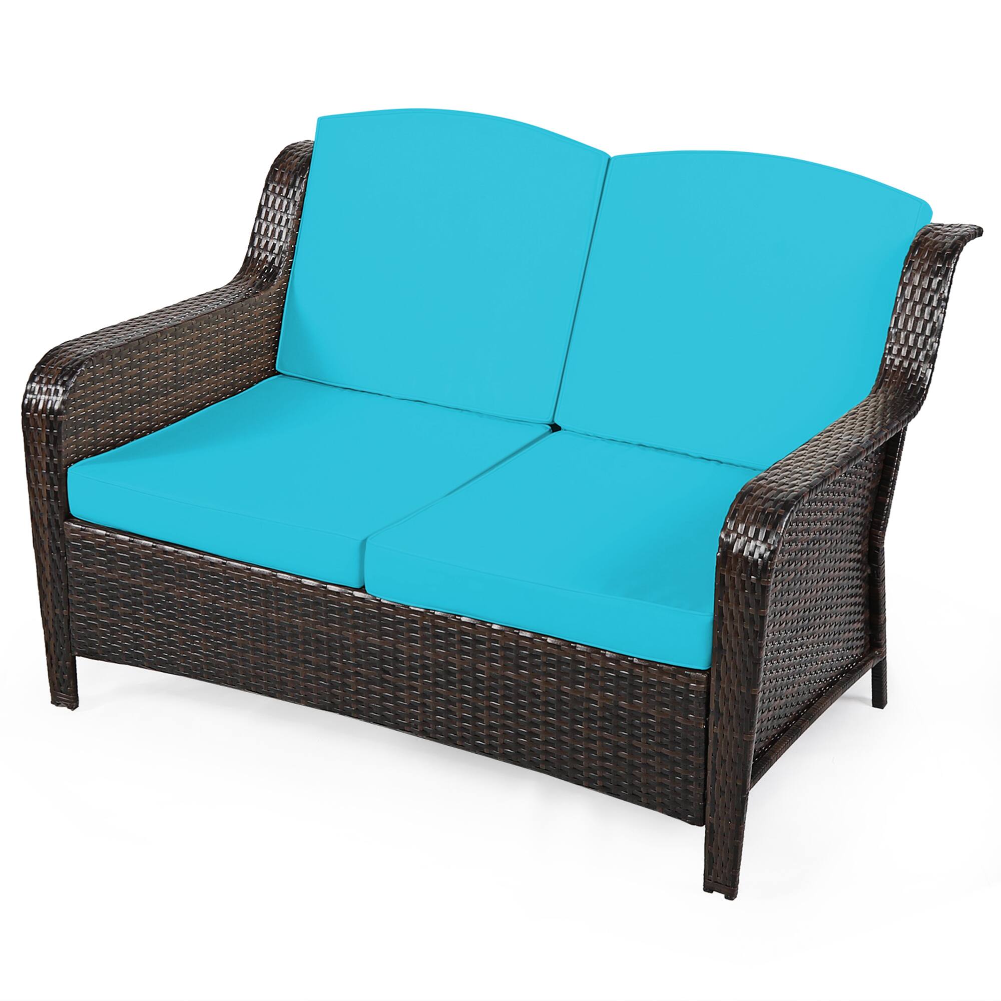 Alt View 7. Gymax - Gymax 5PCS Rattan Patio Conversation Sofa Furniture Set Outdoor w/ Turquoise Cushions - Turquoise.