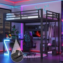 Anysun - Full Loft Bed w/ L-Shaped Desk, USB Ports, Metal Frame, Computer Tray, Peg Board, Z-Shaped LED Lights - Black
