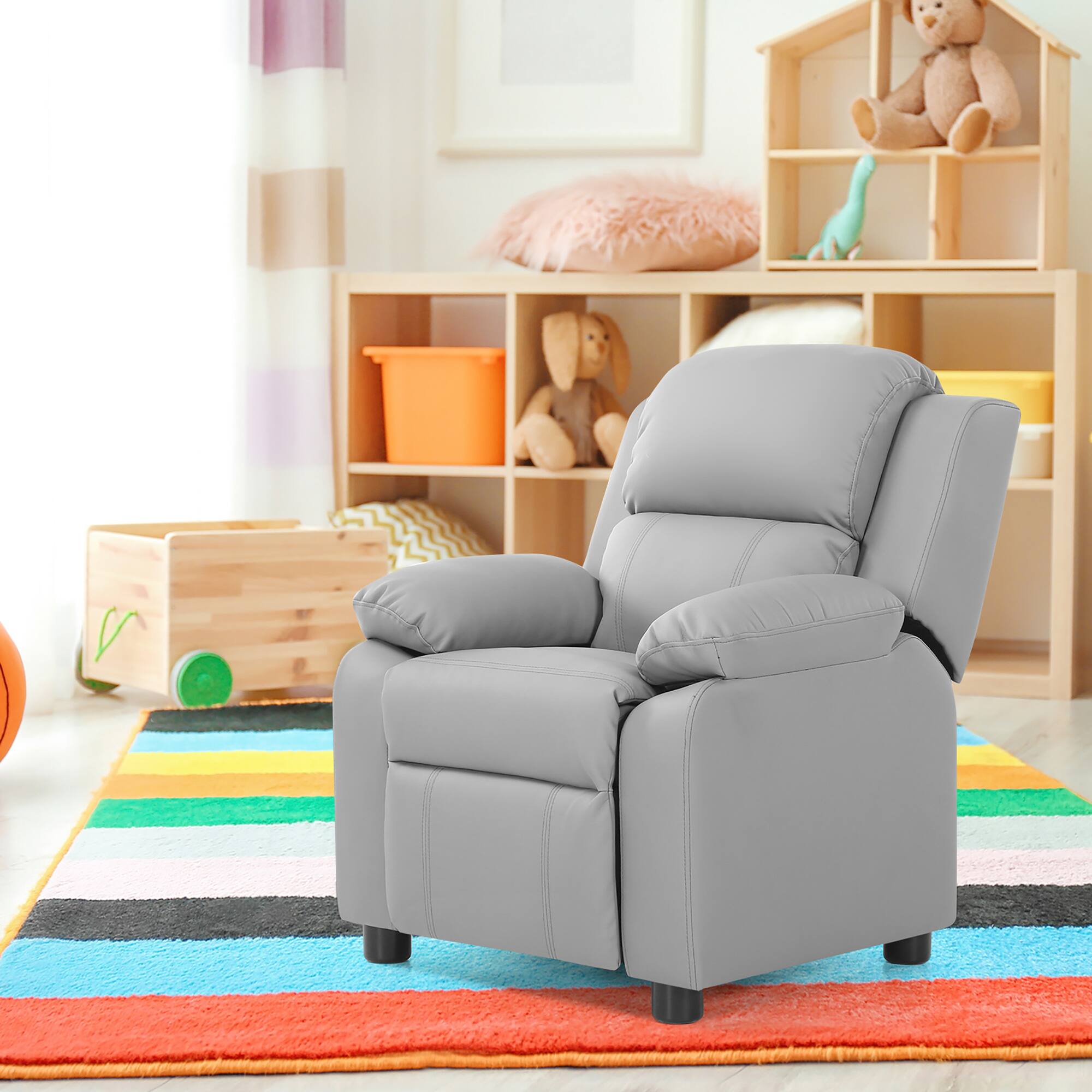 Alt View 5. Gymax - Gymax Deluxe Padded Kids Sofa Armchair Recliner Headrest Children w/ Storage Arms Gray - Grey.