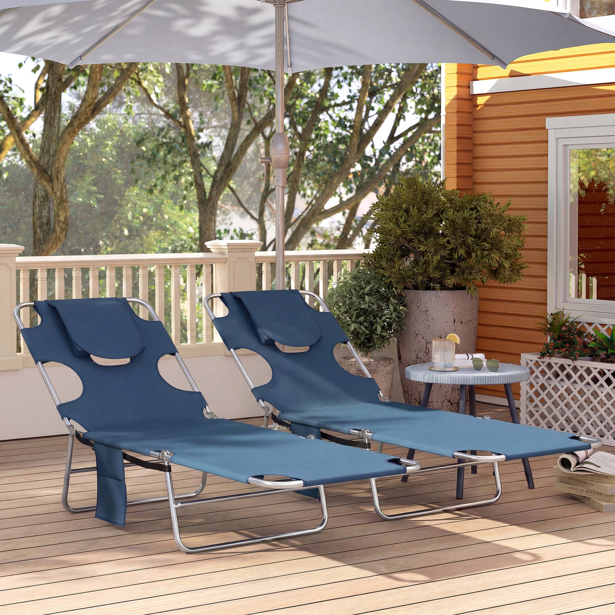 Alt View 8. Outsunny - Tanning Chairs with Face Hole, 5-Level Adjustable Outdoor Chaise Lounge Chair with Pillow for Beach, Pool - Dark Blue.