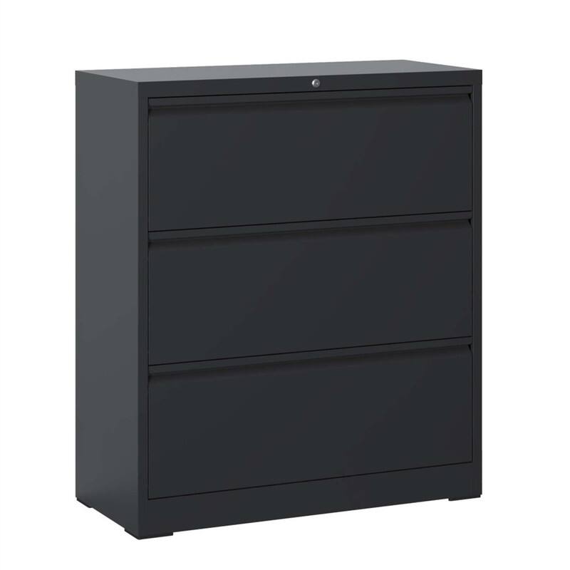 Angle. HTUTWOO - 3 Drawer Lateral File Cabinet with Lock - Heavy-Duty Filing Cabinet for Home, Wide Storage, Silent Full-Extension Slides - Black.