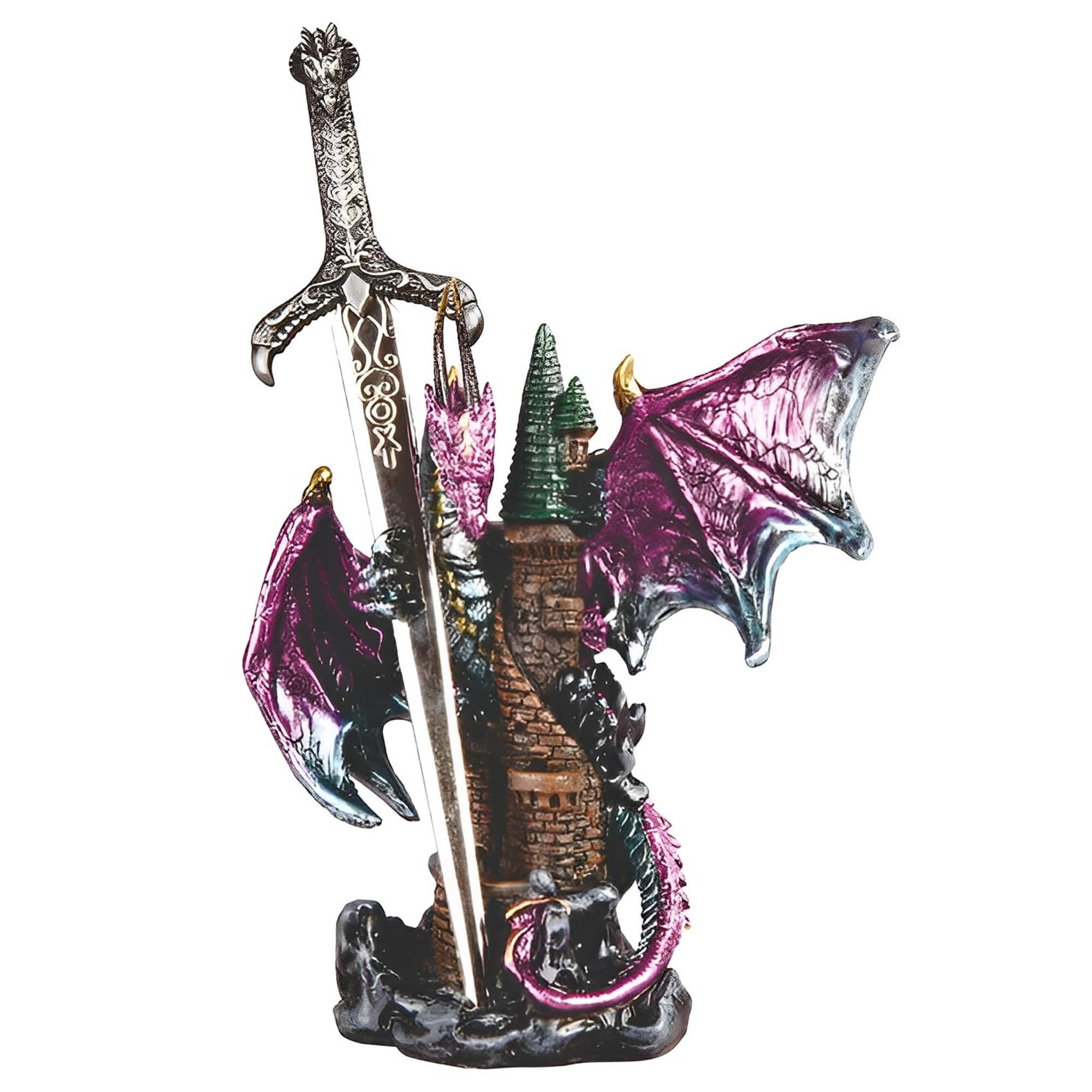 FC Design - 5"H Dragon with Sword Embracing Castle Figurine Statue Office Desk Tabletop Medieval Gaming Home Decor Gift - Multi-Color