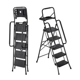 VEVOR - 5 Step Ladder, Folding Step Stool with Wide Anti-Slip Pedal, Tool Tray, Dual Side Handrails, 600 lbs Capacity - Black