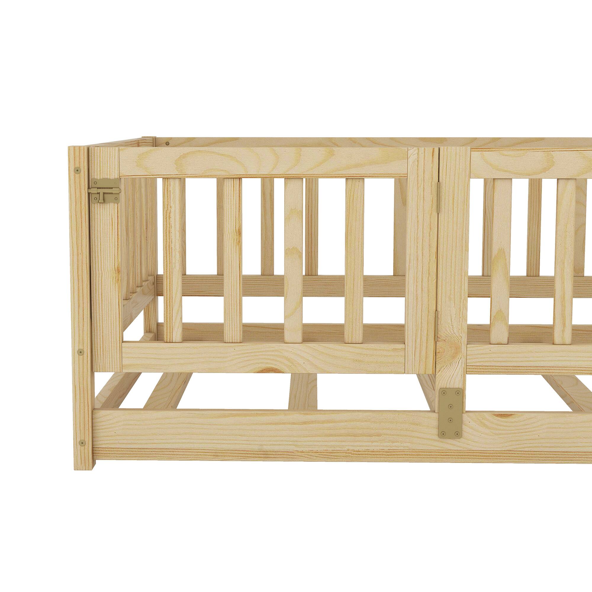 Alt View 4. GOODSILO - Twin Size Montessori Floor Bed with Fence and Door, Wood Bed Frame for Kids, Boys & Girls - Oak.