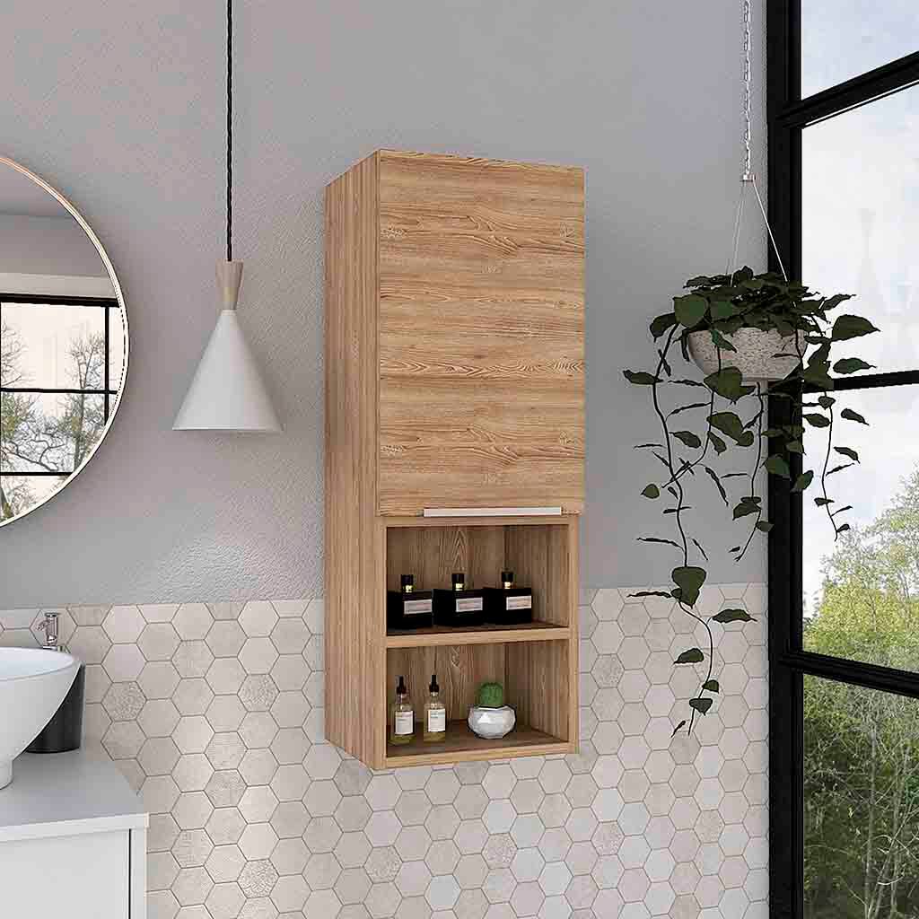TinyHomie - Medicine Single Door Cabinet 32in H Two Interior Shelves Two External Shelves Light Oak - Beige