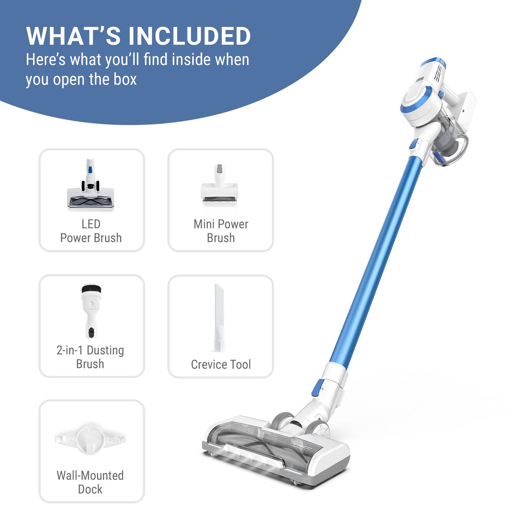 WHAT'S INCLUDED  
Here's what you'll find inside when you open the box  

- LED Power Brush  
- Mini Power Brush  
- 2-in-1 Dusting Brush  
- Crevice Tool  
- Wall-Mounted Dock