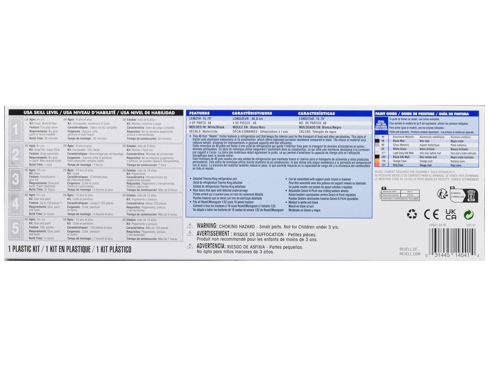 **USA SKILL LEVEL / USA NIVEAU D'HABILETÉ / USA NIVEL DE HABILIDAD**

1. **Ages 6 yrs**  
   - Kit: Snap, Build & Play  
   - Feature: Full play value, paint required, glue not needed  
   - Build Time: 30 minutes  
   - Requirements: Paint (optional)  
   - # of Parts: 48  
   - Temps de montage: 30 minutes  
   - Requisitos: Pegamento (opcional)  
   - Tiempo de construcción: 30 minutos  

2. **Ages 8 yrs**  
   - Kit: Snap-Easy-Click  
   - Feature: Easy-Click assembly, paint required, glue not needed  
   - Build Time: 1 hour  
   - Requirements: Paint (optional)  
   - # of Parts: 48  
   - Temps de montage: 1 heure  
   - Requisitos: Pegamento (opcional)  
   - Tiempo de construcción: 1 hora  

3. **Ages 10 yrs**  
   - Kit: Introductory  
   - Feature: Introductory, paint required, glue