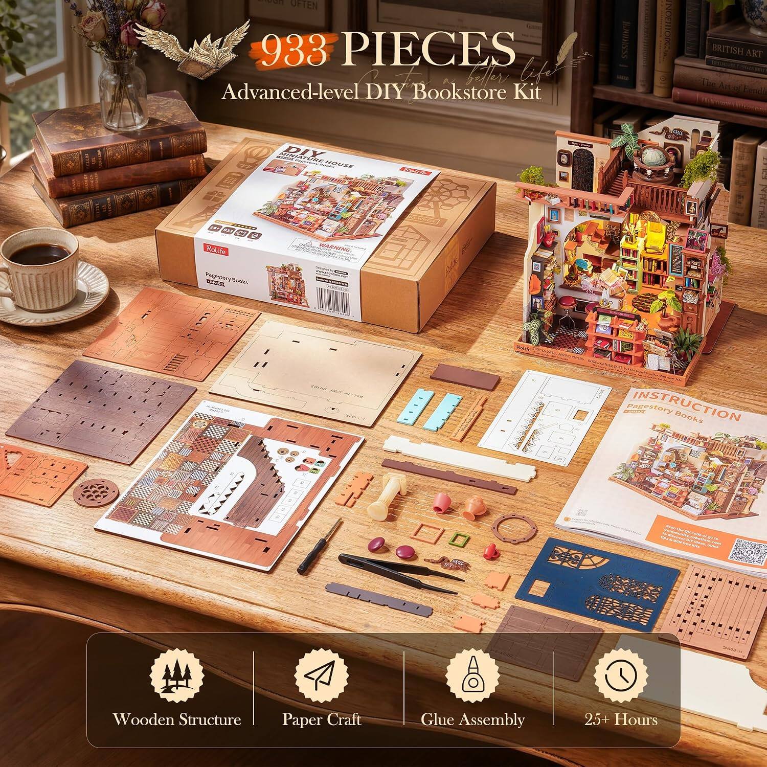 933 PIECES Advanced-level DIY Bookstore Kit

WARNING.

Pagestory INSTRUCTION Books

Wooden Structure
Paper Craft
Glue Assembly
25+ Hours
