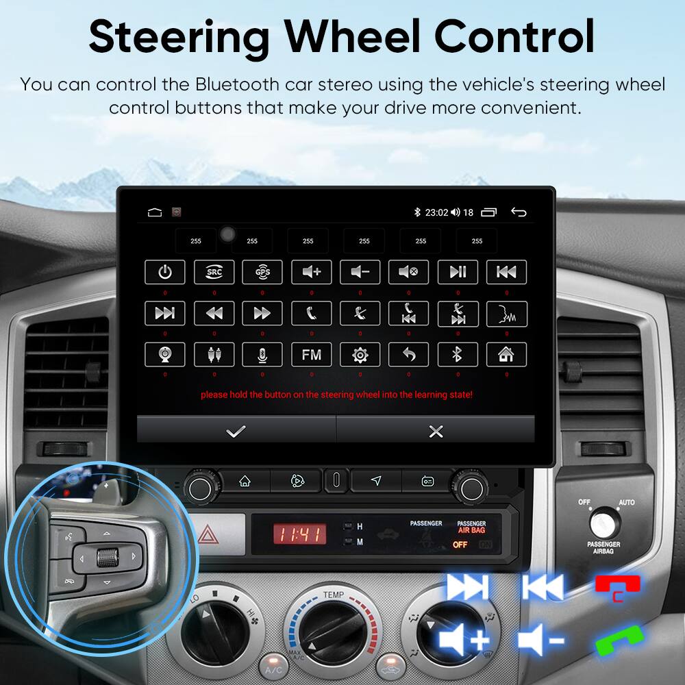 Steering Wheel Control

You can control the Bluetooth car stereo using the vehicle's steering wheel control buttons that make your drive more convenient.

23:02 18 255 255 238 255 235 255 SRC + 5 d a . 5 5 5 + FM D - . : : + + 5

please hold the button on the steering wheel into the learning state!

X OFF AUTO 4 o PASSENGER PASSENGER H AIR BAG 1141 I M OFF ON TEMP IH J A + AIc AAC A/C PASSENGER DABRIA