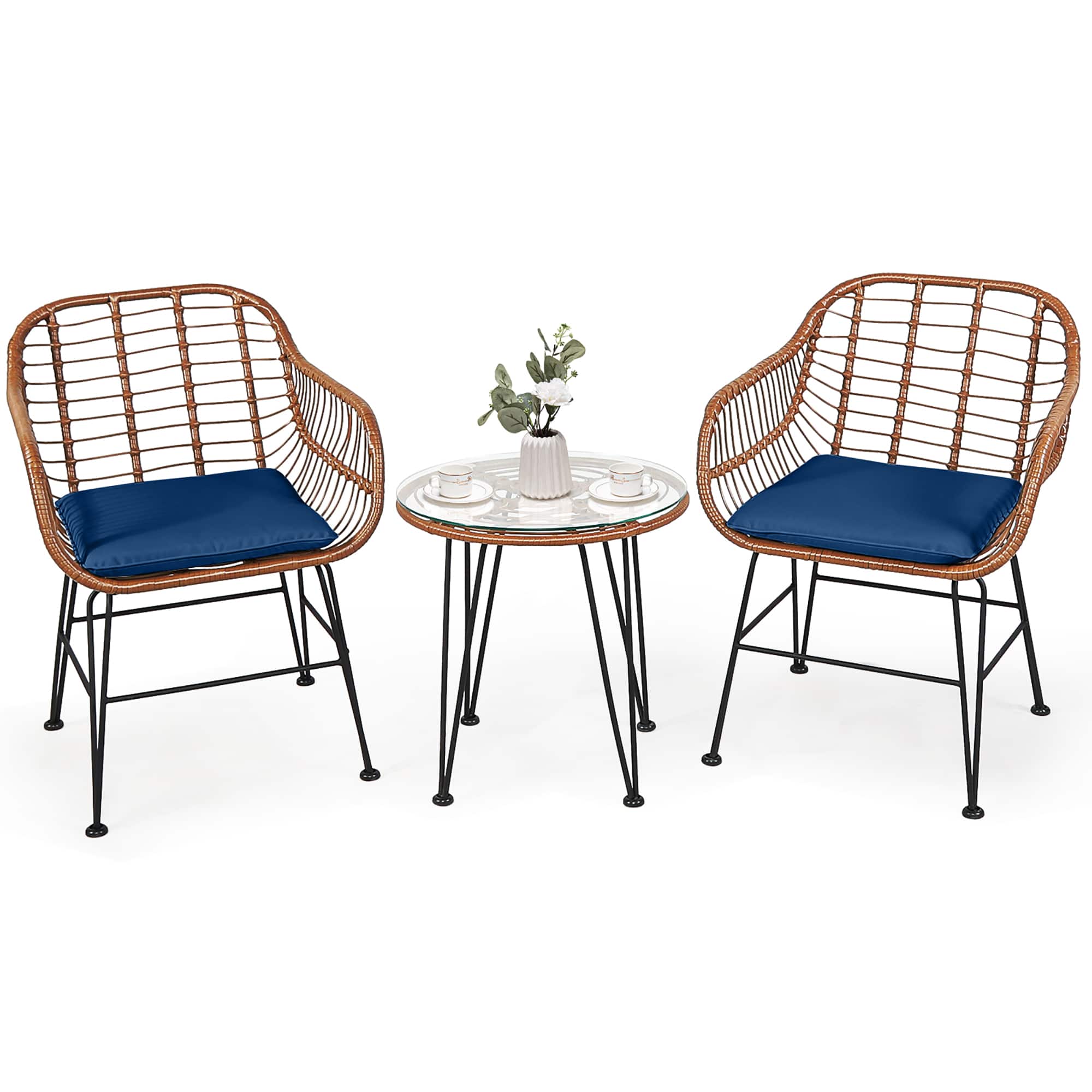 Front. Costway - 3PCS Patio Rattan Bistro Set Coffee Table Armchair Garden Cushion - Navy.
