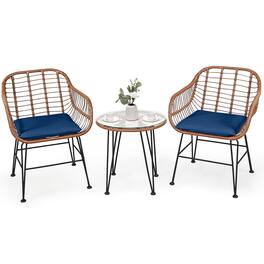 Costway - 3PCS Patio Rattan Bistro Set Coffee Table Armchair Garden Cushion - Navy