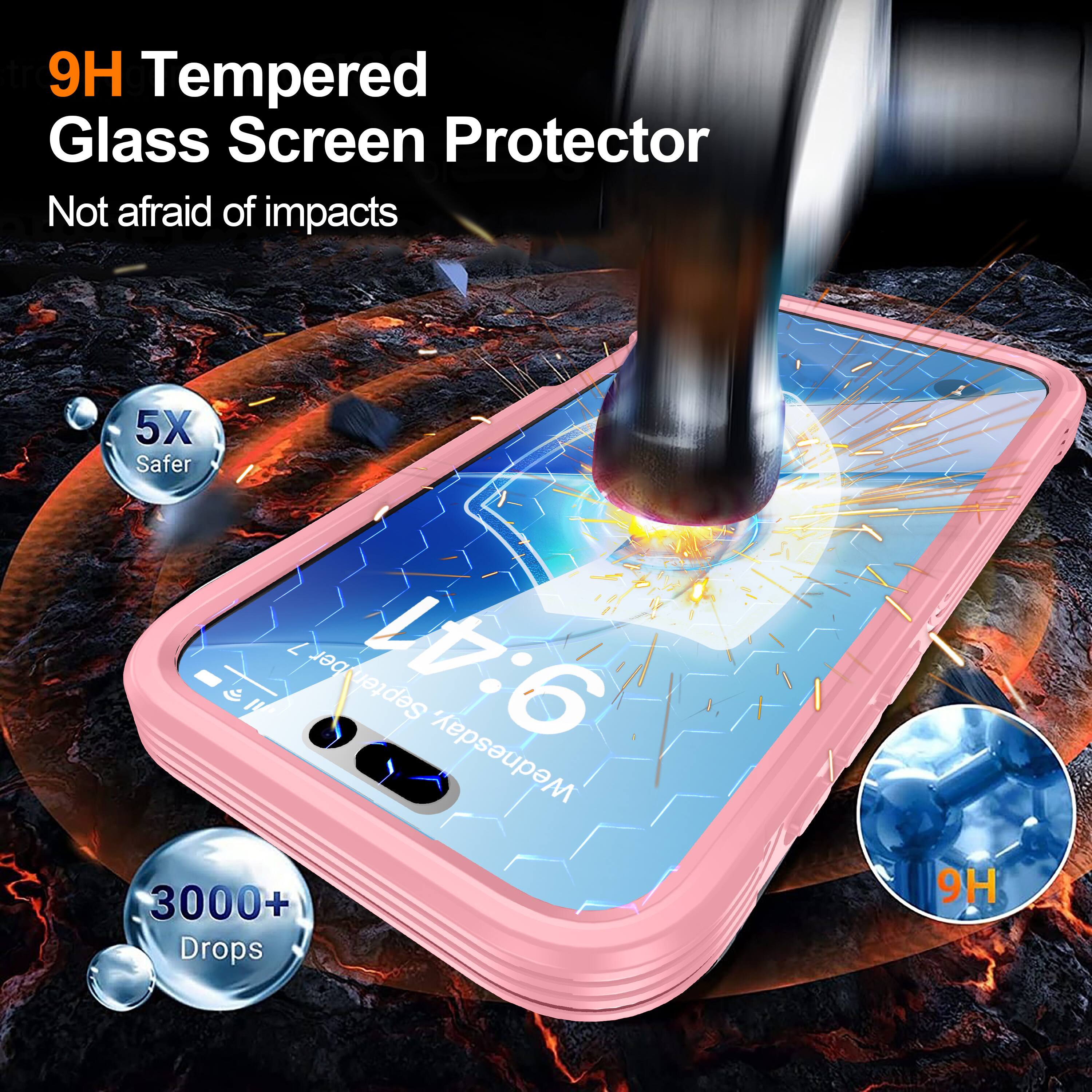 9H Tempered Glass Screen Protector  
Not afraid of impacts  
5X Safer  
3000+ Drops  
9H
