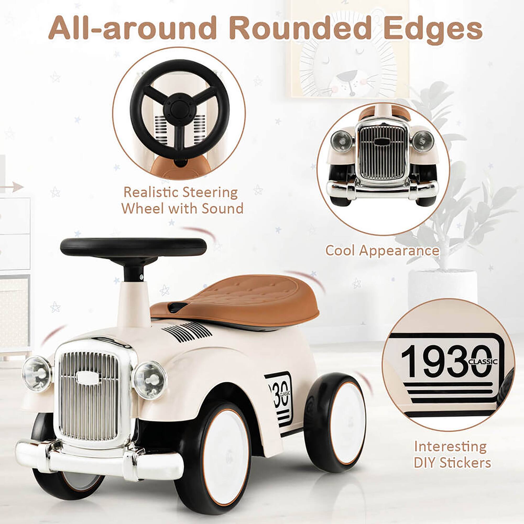 All-around Rounded Edges

- Realistic Steering Wheel with Sound
- Cool Appearance
- 1930 Classic
- Interesting DIY Stickers