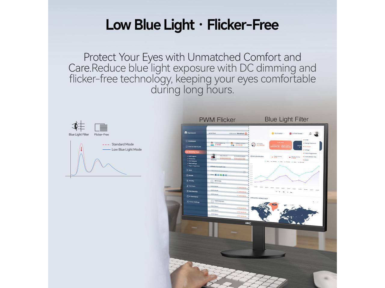 Low Blue Light • Flicker-Free

Protect Your Eyes with Unmatched Comfort and Care. Reduce blue light exposure with DC dimming and flicker-free technology, keeping your eyes comfortable during long hours.

PWM Flicker Blue Light Filter

Blue Light Filter Flicker-Free

Standard Mode Low Blue Light Mode