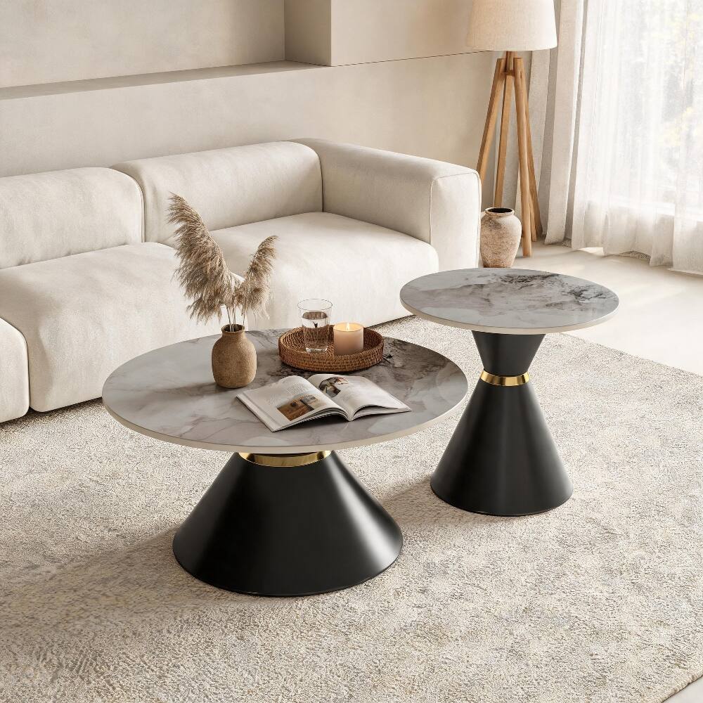 Alt View 2. Loheer - Loheer Round Nesting Coffee Table Set of 2 Sintered Stone Top Black Pedestal Base - Black and Gold.