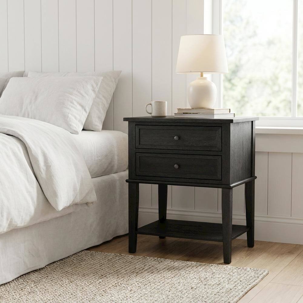 Alt View 1. FurniFact - Black Wood Nightstand with 2 Drawers for Bedroom - Wire Brushed Black.