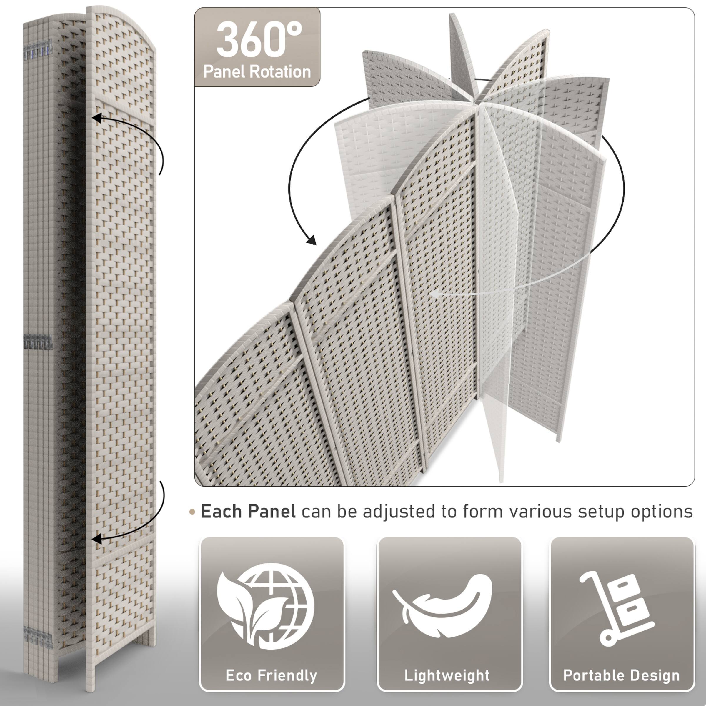 360° Panel Rotation  
Each Panel can be adjusted to form various setup options  
Eco Friendly  
Lightweight  
Portable Design