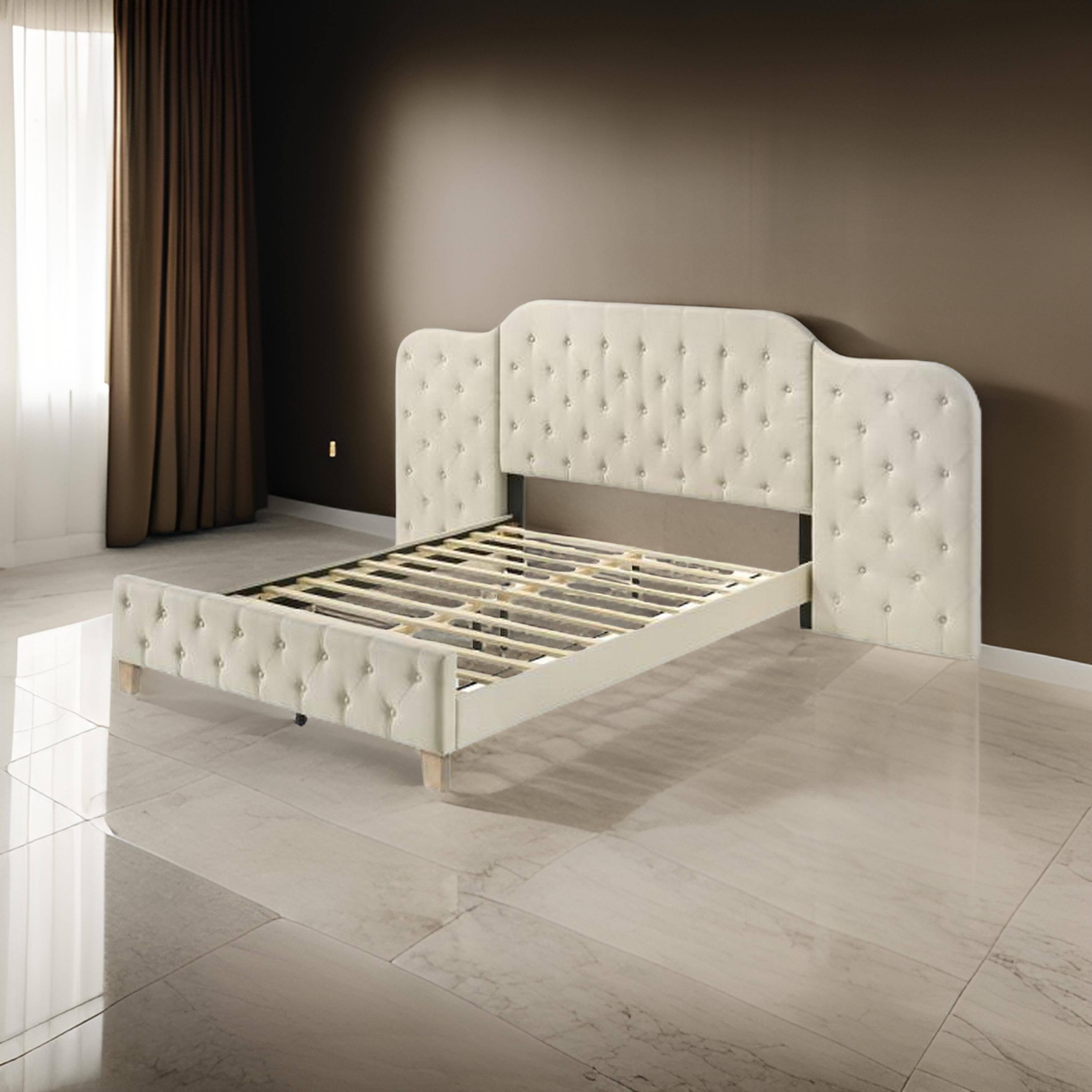 Alt View 5. Manhattan Lane - Ronny Inch Queen Size Bed, Wall Headboard, Beige Linen Tufted Upholstery - Beige, Brown.