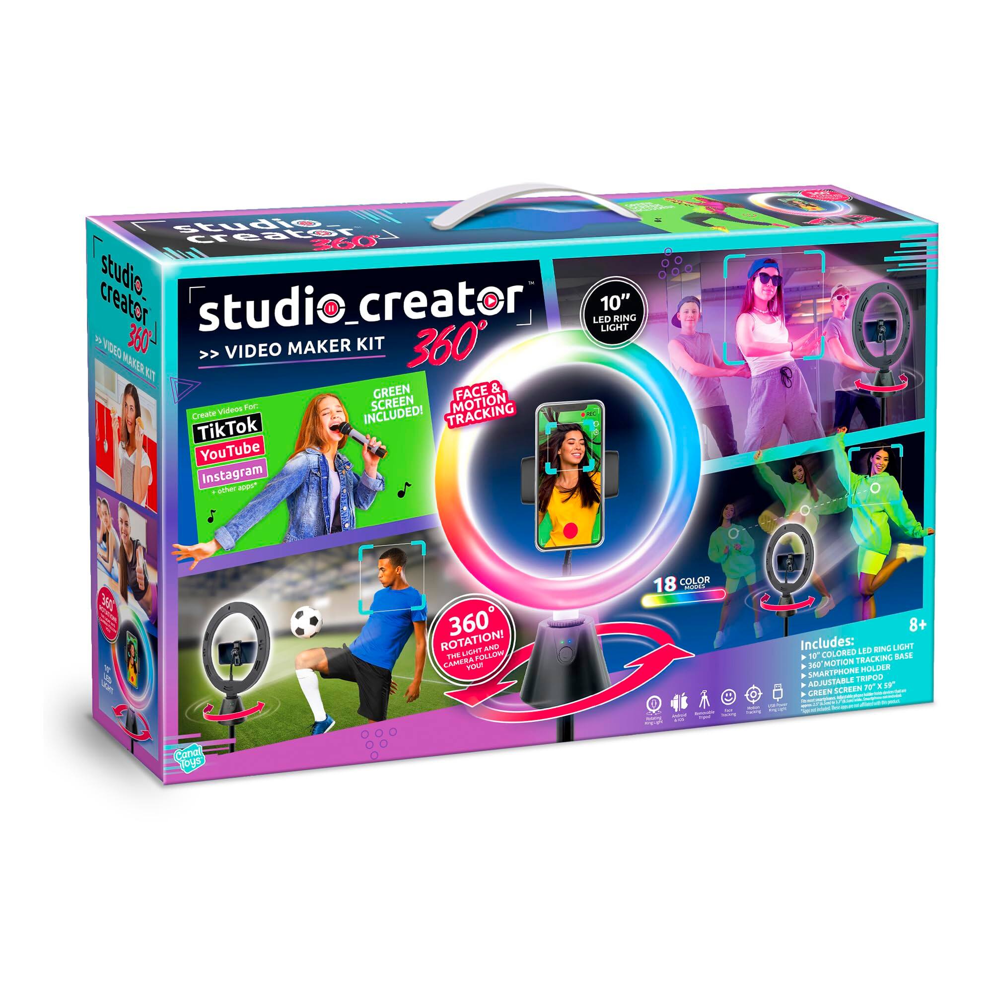 **studio creator**  
**360° VIDEO MAKER KIT**

- **Create Videos For:** TikTok, YouTube, Instagram
- **GREEN SCREEN MOTION TRACKING INCLUDED!**
- **FACE MOTION TRACKING!**
- **10" LED RING LIGHT**
- **18 COLOR**
- **360° ROTATION!**
- **SMARTPHONE HOLDER**
- **ADJUSTABLE TRIPOD**
- **INCLUDED:**
  - LED RING LIGHT
  - MOTION TRACKING BASE
  - SMARTPHONE HOLDER
  - GREEN SCREEN TO 7" SCREEN
- **8+**

**studio creator**  
**360° VIDEO MAKER KIT**

- **Create Videos For:** TikTok, YouTube, Instagram
- **GREEN SCREEN MOTION TRACKING INCLUDED!**
- **FACE MOTION TRACKING!**
- **10" LED RING LIGHT**
- **18 COLOR**
- **360° ROTATION!**
- **SMARTPHONE HOLDER**
- **ADJUSTABLE TRIPOD**
- **INCLUDED:**
  - LED RING LIGHT
  - MOTION TRACKING BASE
  - SMARTPHONE HOLDER
  - GREEN SCREEN TO 7" SCREEN