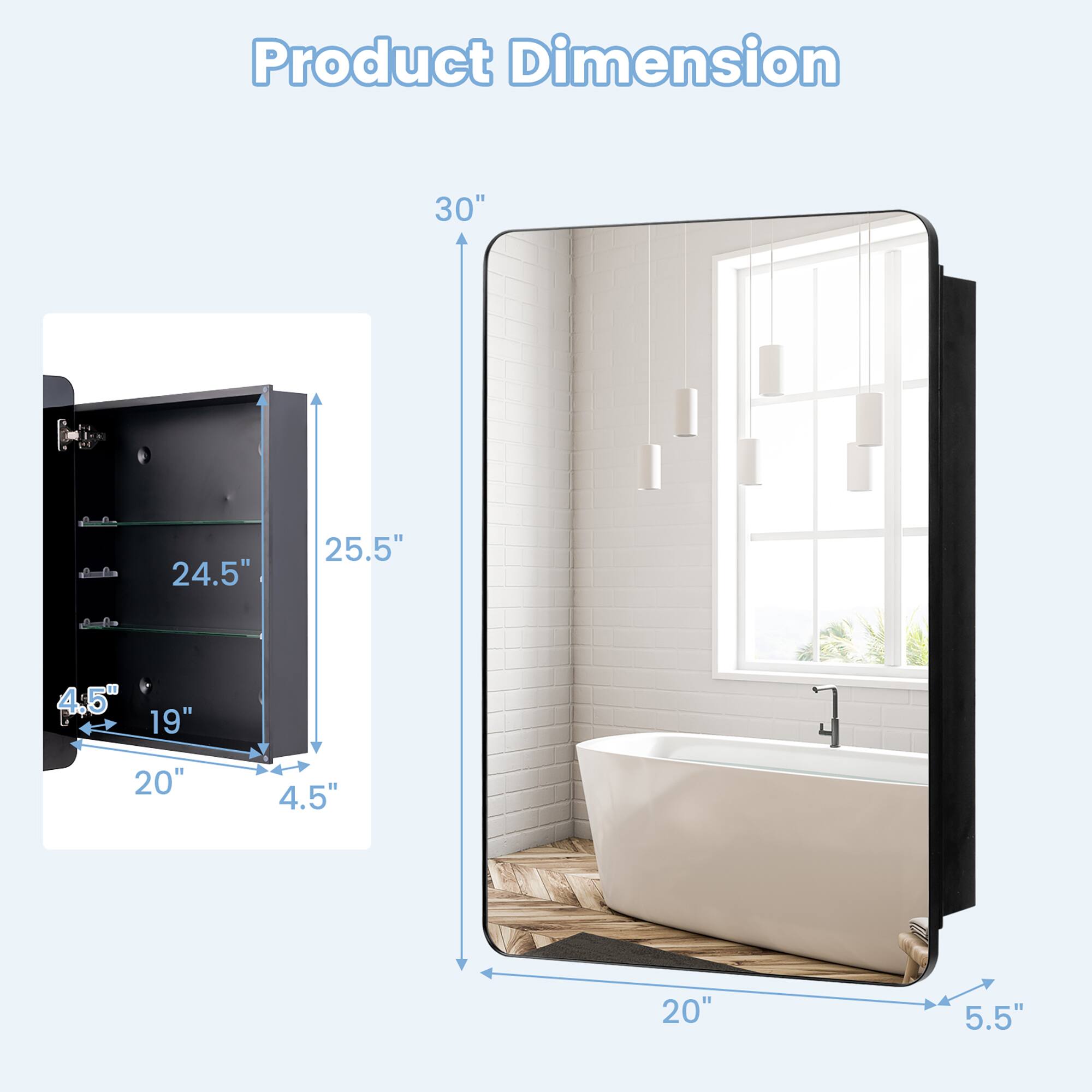 Product Dimension

- Height: 30"
- Width: 25.5"
- Depth: 24.5"
- Cabinet Dimensions:
  - Height: 25.5"
  - Width: 20"
  - Depth: 19"
  - Drawer Dimensions:
    - Height: 4.5"
    - Width: 20"
    - Depth: 4.5"
- Bathtub Dimensions:
  - Width: 20"
  - Depth: 5.5"
