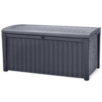 Front. Keter - Keter Borneo 110 Gallon Rattan Wicker Resin Patio Deck Storage Box Bench, Grey - Grey.