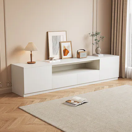 Front. MSOOB - 78.7" Entertainment Center Modern TV Stand for TVs up to 85'', Wood Media Console with 2 Storage Drawers - White.