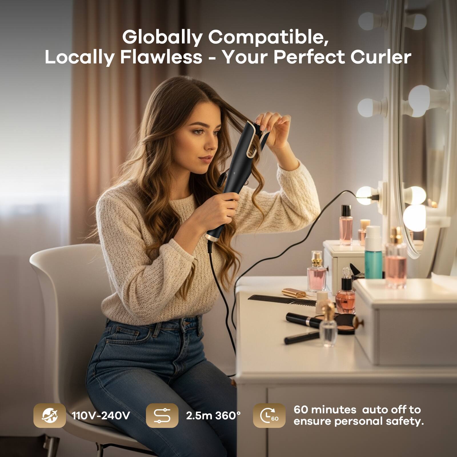 Globally Compatible, Locally Flawless - Your Perfect Curler

110V-240V

2.5m 360°

60 minutes auto off to ensure personal safety.