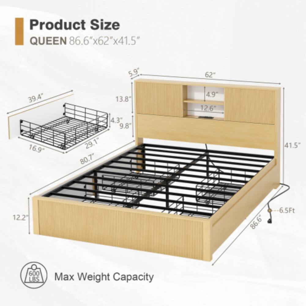Product Size  
QUEEN 86.6" x 62" x 41.5"  
- 5.9"  
- 62"  
- 39.4"  
- 16.9"  
- 12.2"  
- 13.8"  
- 4.3"  
- 9.8"  
- 29.1"  
- 80.7"  
- 8LR  
- 4.9"  
- 12.6"  
- 6.5ft  
- 600 LBS Max Weight Capacity