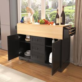 Whisen - 56" Large Kitchen Island, Rolling Cart with Power Outlet, Drop Leaf for Dining Room - Black