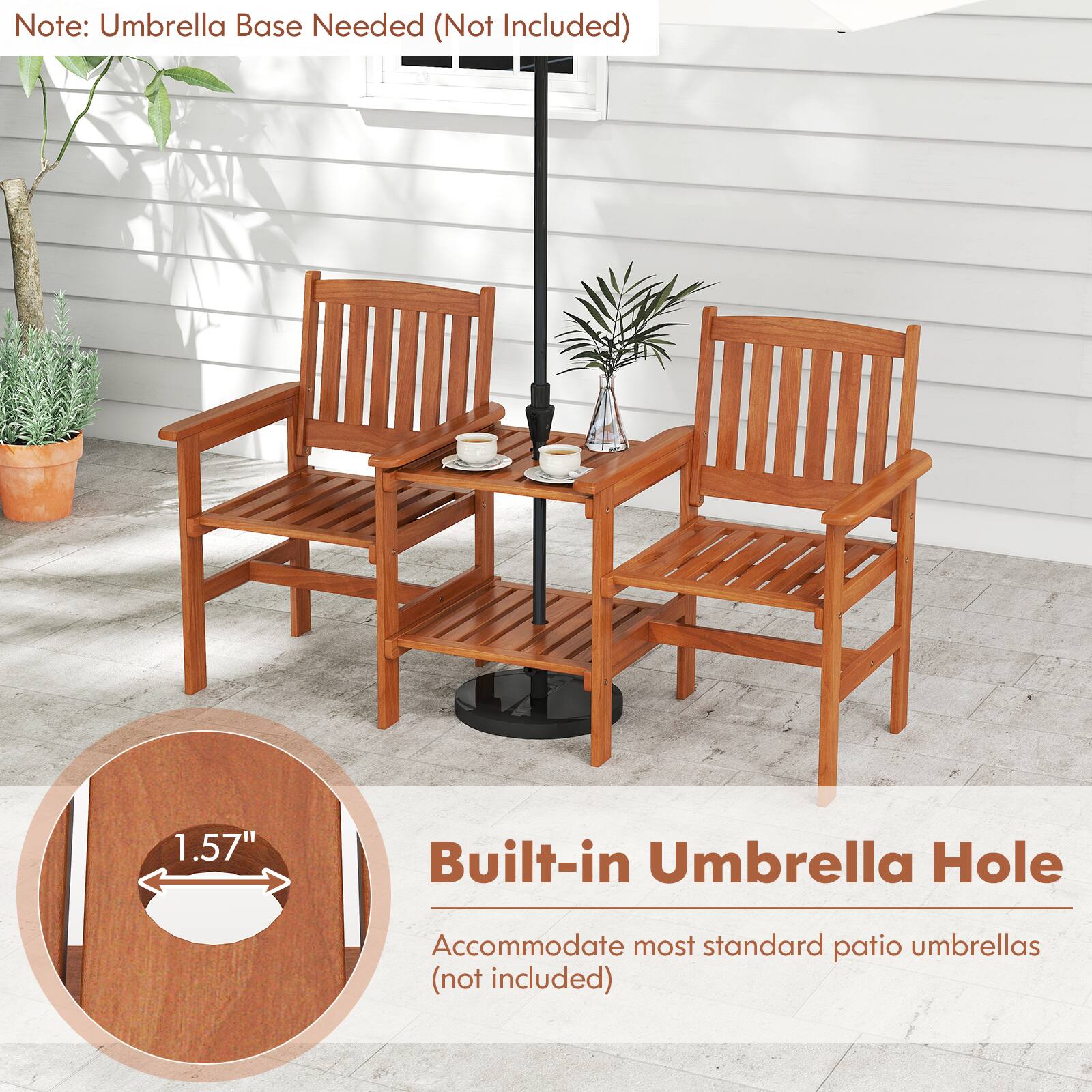 Note: Umbrella Base Needed (Not Included)

1.57" Built-in Umbrella Hole  
Accommodate most standard patio umbrellas (not included)