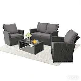 Ainfox - 4 Piece Outdoor Patio Furniture Sets, Wicker Conversation Sectional Set for Balcony Porch Backyard - Gray