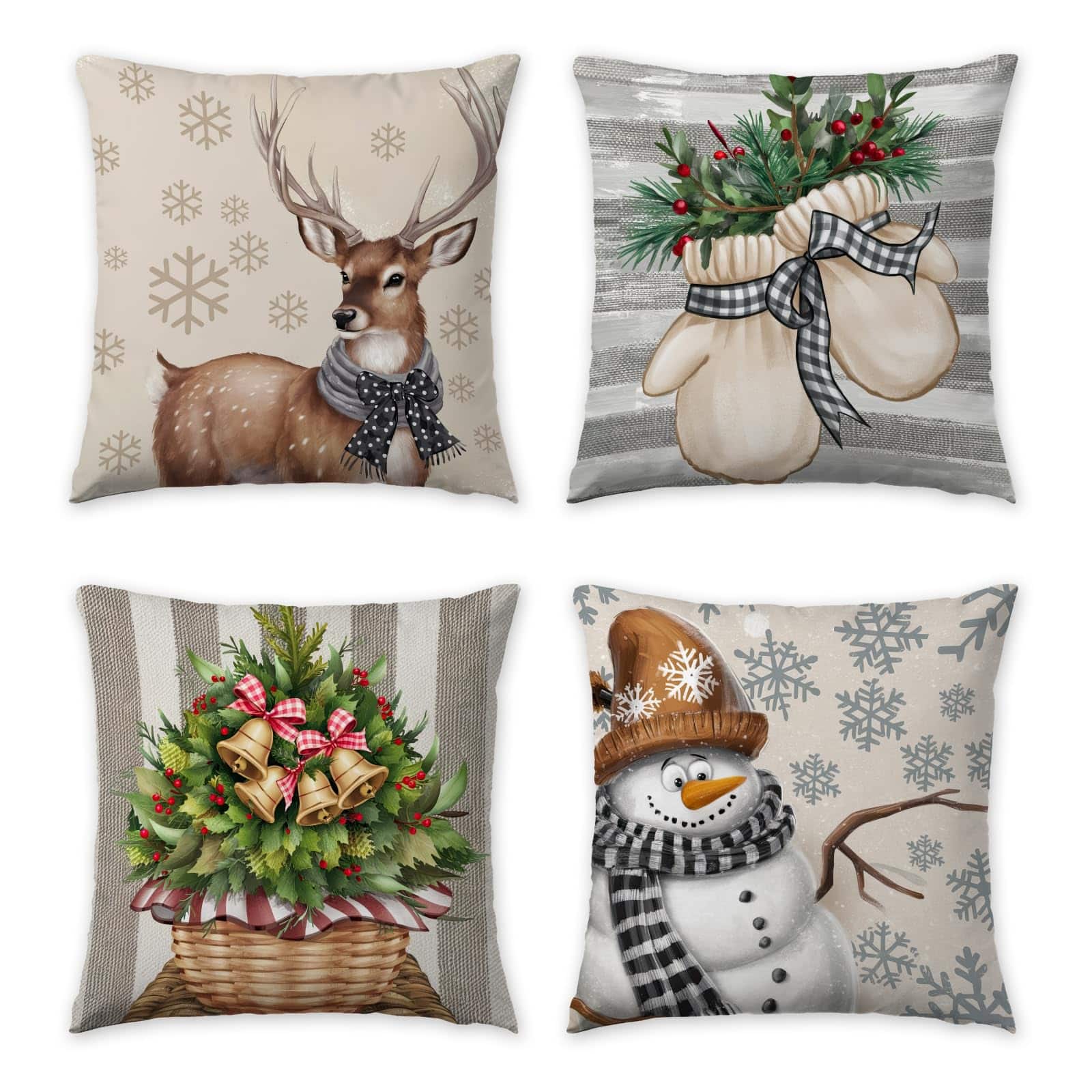 Stylel Star - Christmas Pillow Covers 18x18 inch Set of 4, Holiday Winter Outdoor Vintage Tree Snowflake Xmas Snowman Neutral Farmh - Christmas2