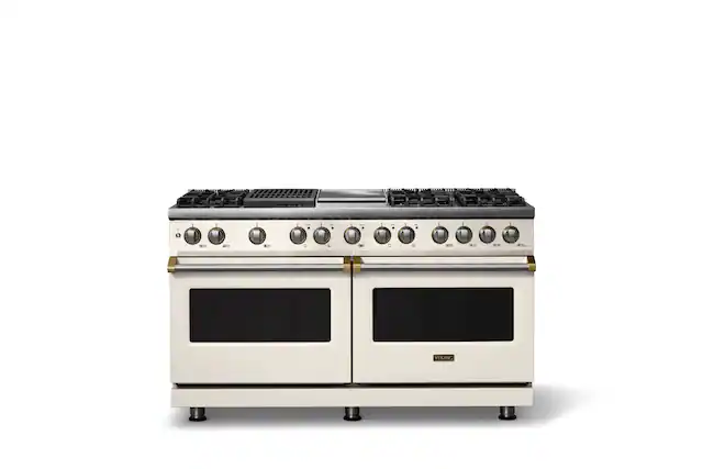 Front. Viking - 60 in. Wide 8 Burner Pro 5 Series 9.4 Cu. Ft. Freestanding Sealed Dual Fuel Convection Range with Brushed Brass Trim - Pure White.
