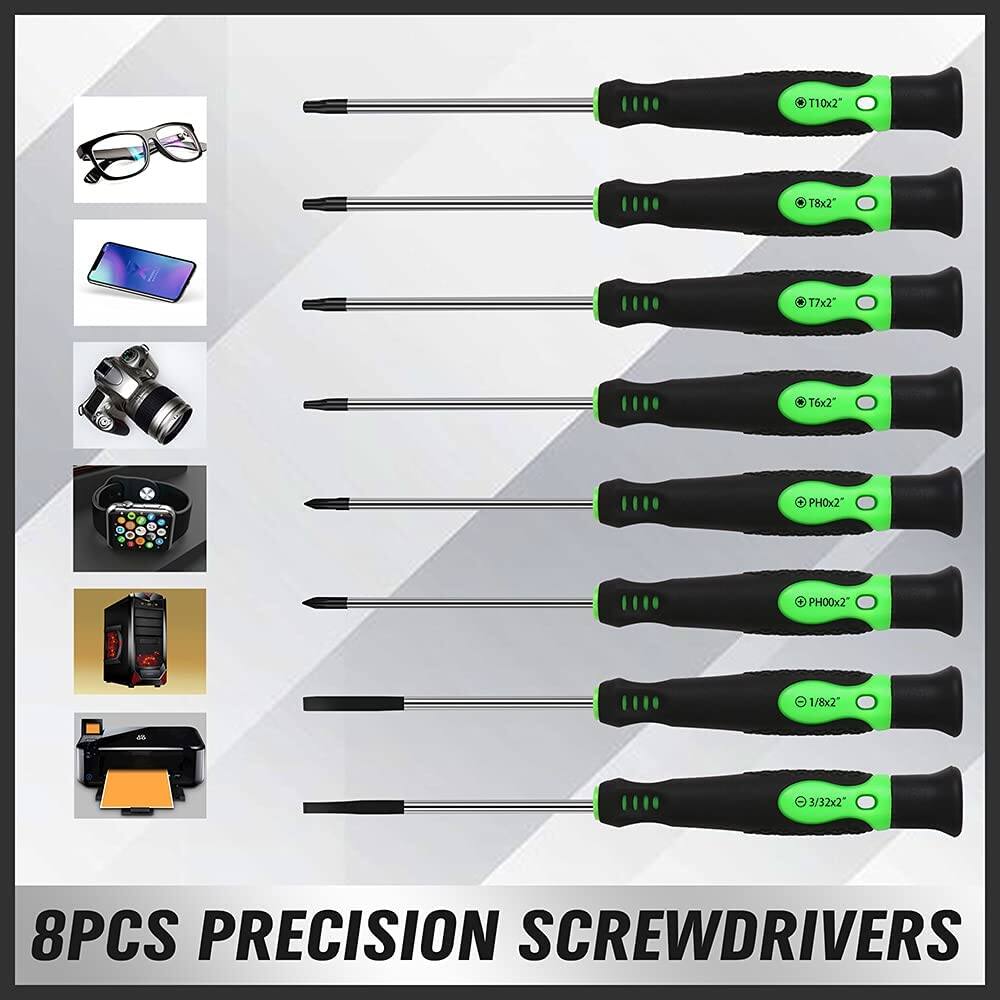 T10x2" T8x2" T7x2" T6x2" PH0x2 PH00x2 1/8x2" 3/32x2"  
8PCS PRECISION SCREWDRIVERS