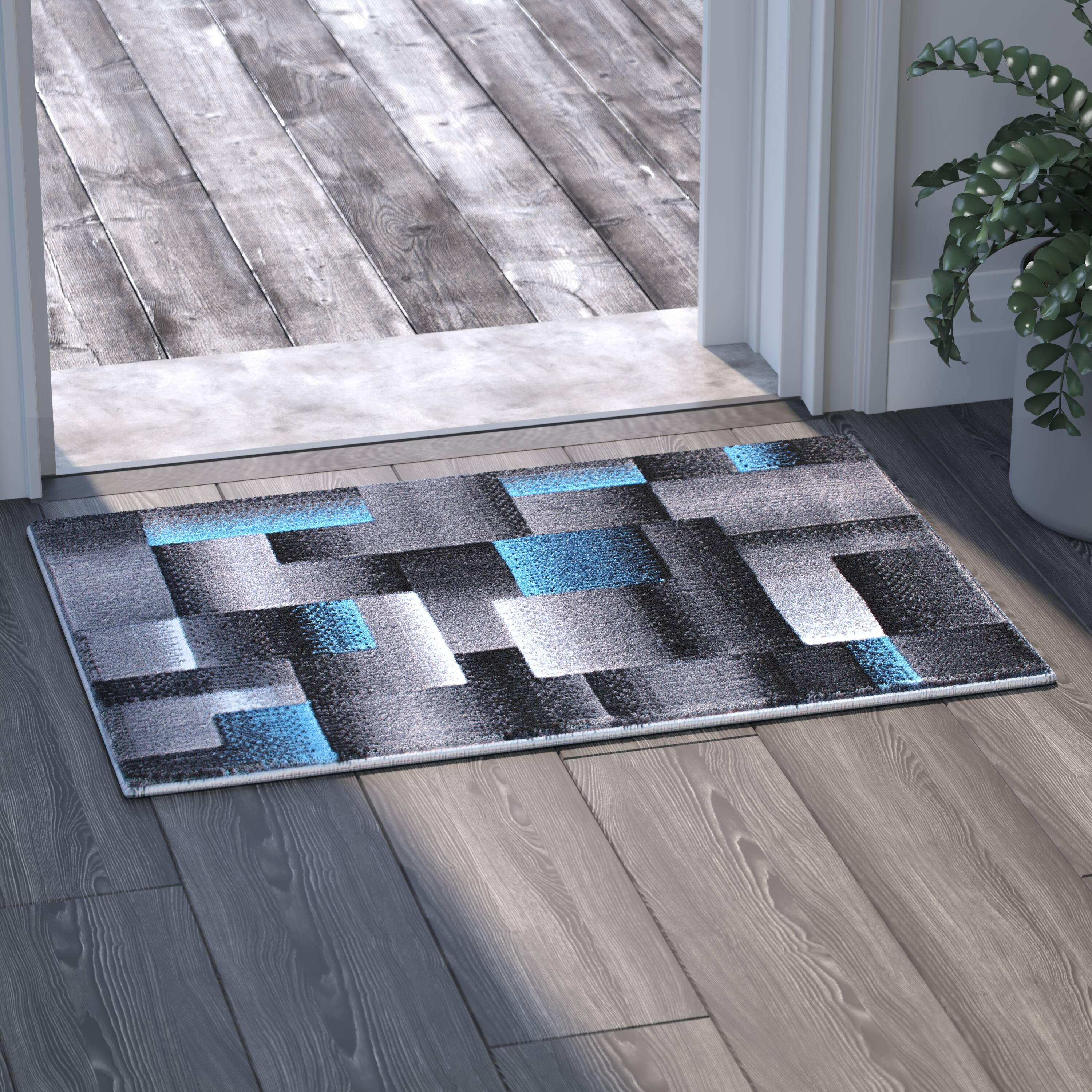 Alt View 2. Emma + Oliver - Malaga Modern Cubist Olefin Accent Runner Rug in Gradient Shades with Natural Jute Backing - Blue.