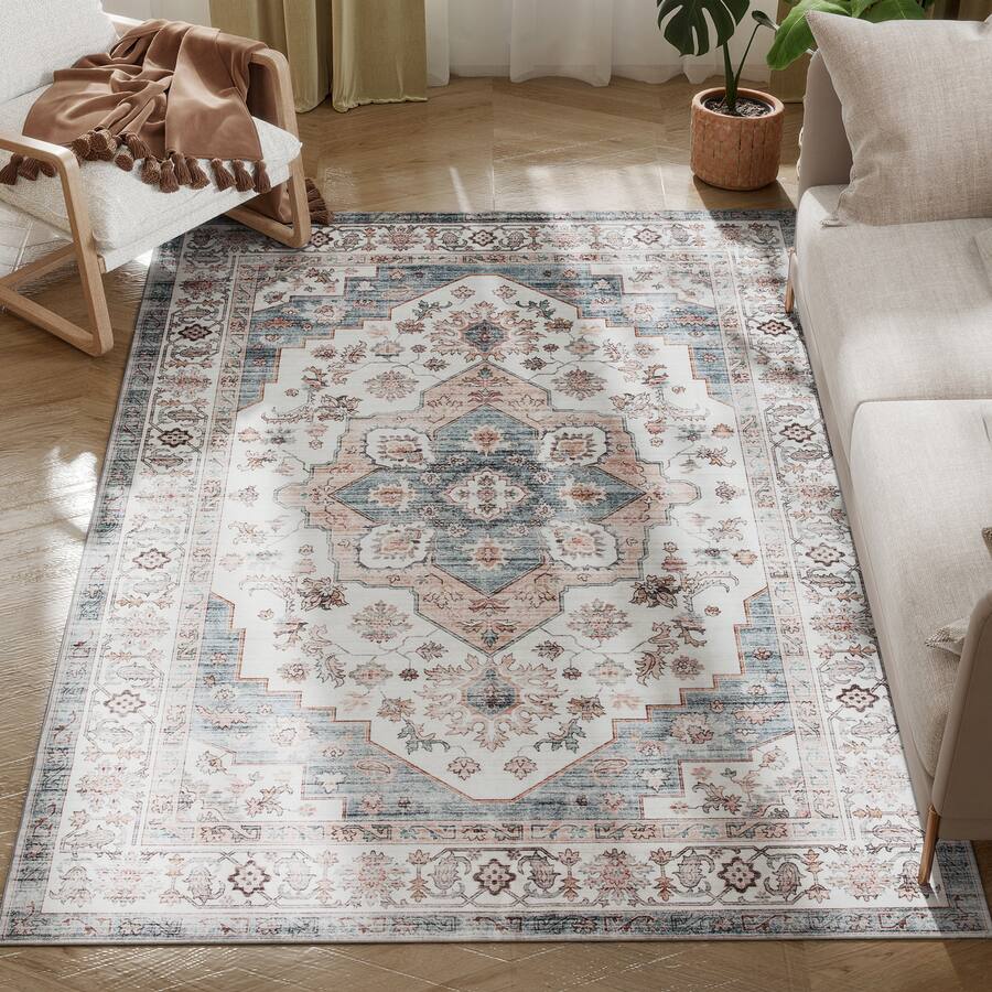 Homcom 4x6 Vintage Rug: Mach Wash Non Slip Light Blue Distress, Indoor ...