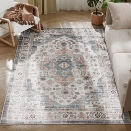 Homcom - 4x6 Vintage Rug: Mach-Wash Non-Slip Light Blue Distress, Indoor Boho Carpet Living Room - Brown and Light Blue