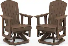 SERWALL - HDPE Outdoor Swivel Glider Set of 2 360-degree Wood-like All-weather Patio Rocking Chair - Coffee Brown