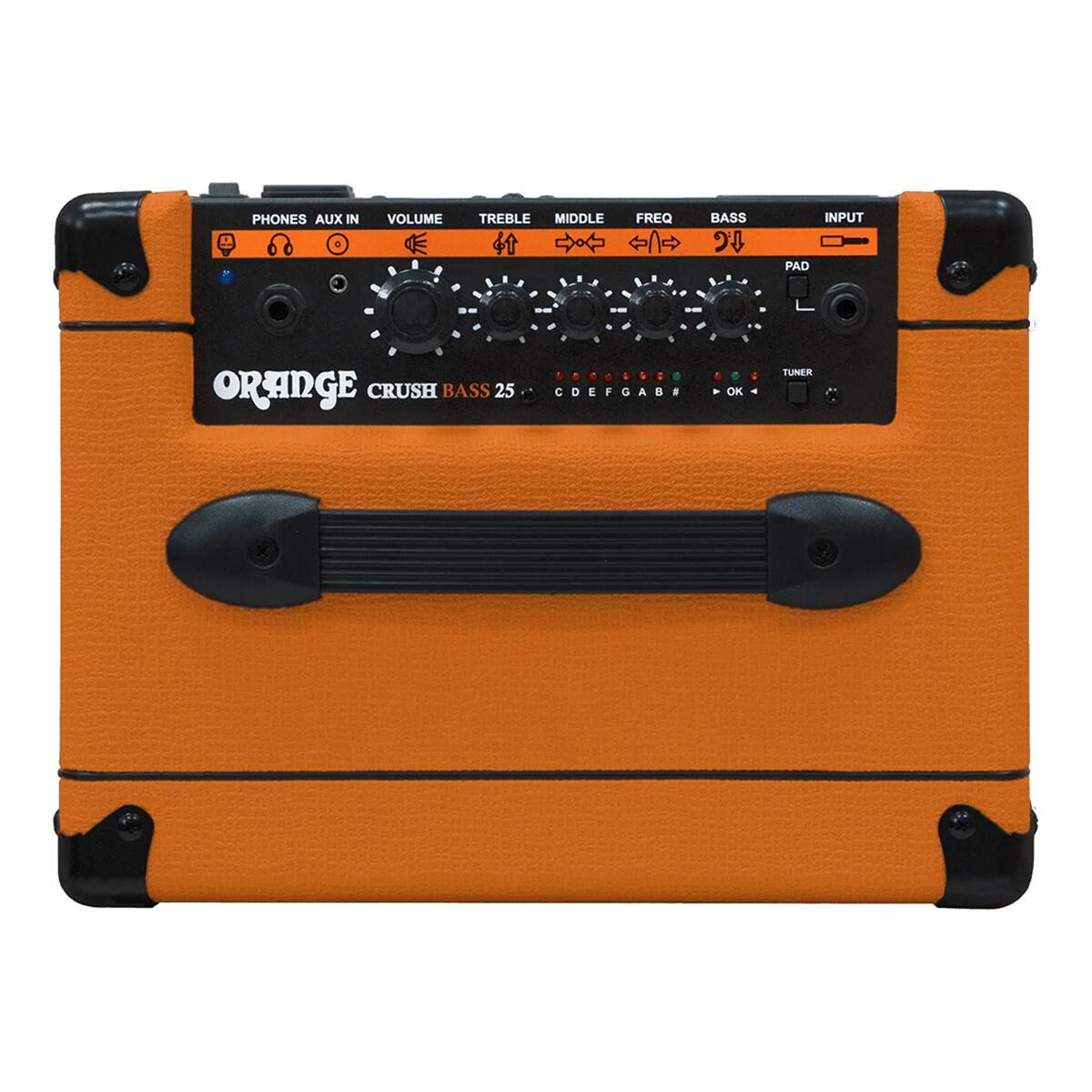 PHONES AUX IN  
VOLUME  
TREBLE  
MIDDLE  
FREQ  
BASS  
INPUT PAD  

ORANGE CRUSH BASS 25  

TUNER  
C D E F G A B  

OK