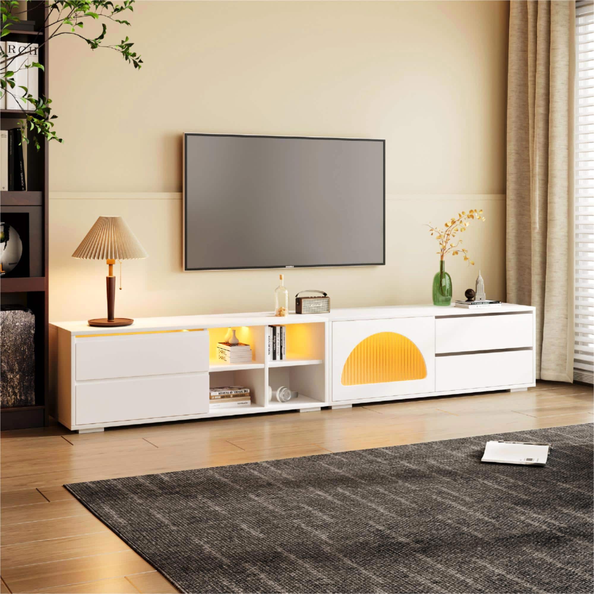 Spaco - Modern TV Stand for 100 Inch TVs, Entertainment Center with Fluted Glass Door, Sliding Door, 2 Drawers, LED Lights - White