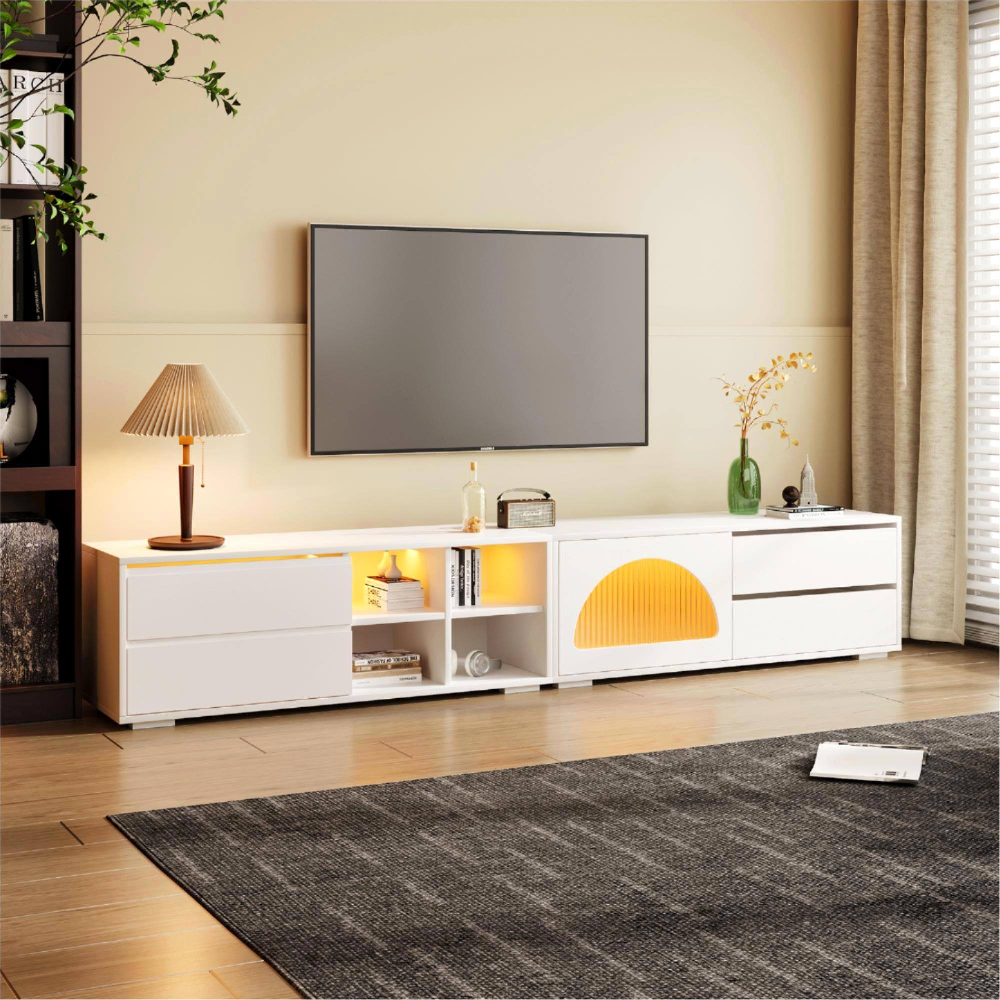 Front. Spaco - Spaco Modern TV Stand for 100 Inch TVs, Entertainment Center with Fluted Glass Door, Sliding Door, 2 Drawers, LED Lights - White.