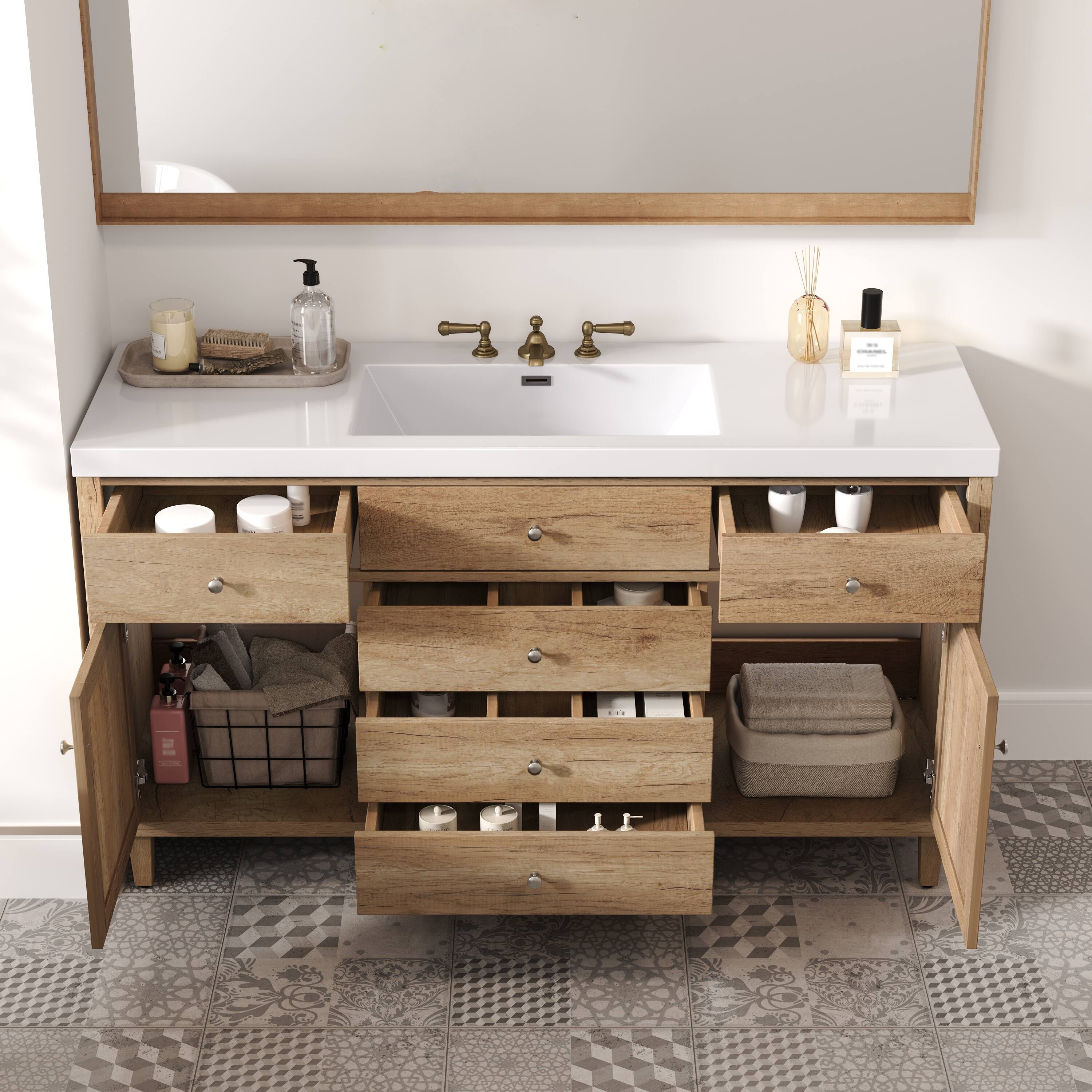 Alt View 1. Loheer - 5 ft Bathroom Vanity with SMC Sink, Soft Close Drawers, Rattan Doors, Large Storage - Antique Natural.