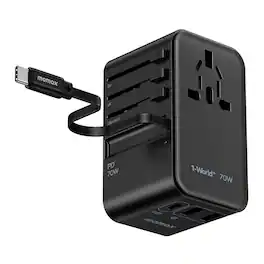 Momax - 1-World+ 3-Port Travel GaN Charger With Built-in USB-C Cable 70W - Black