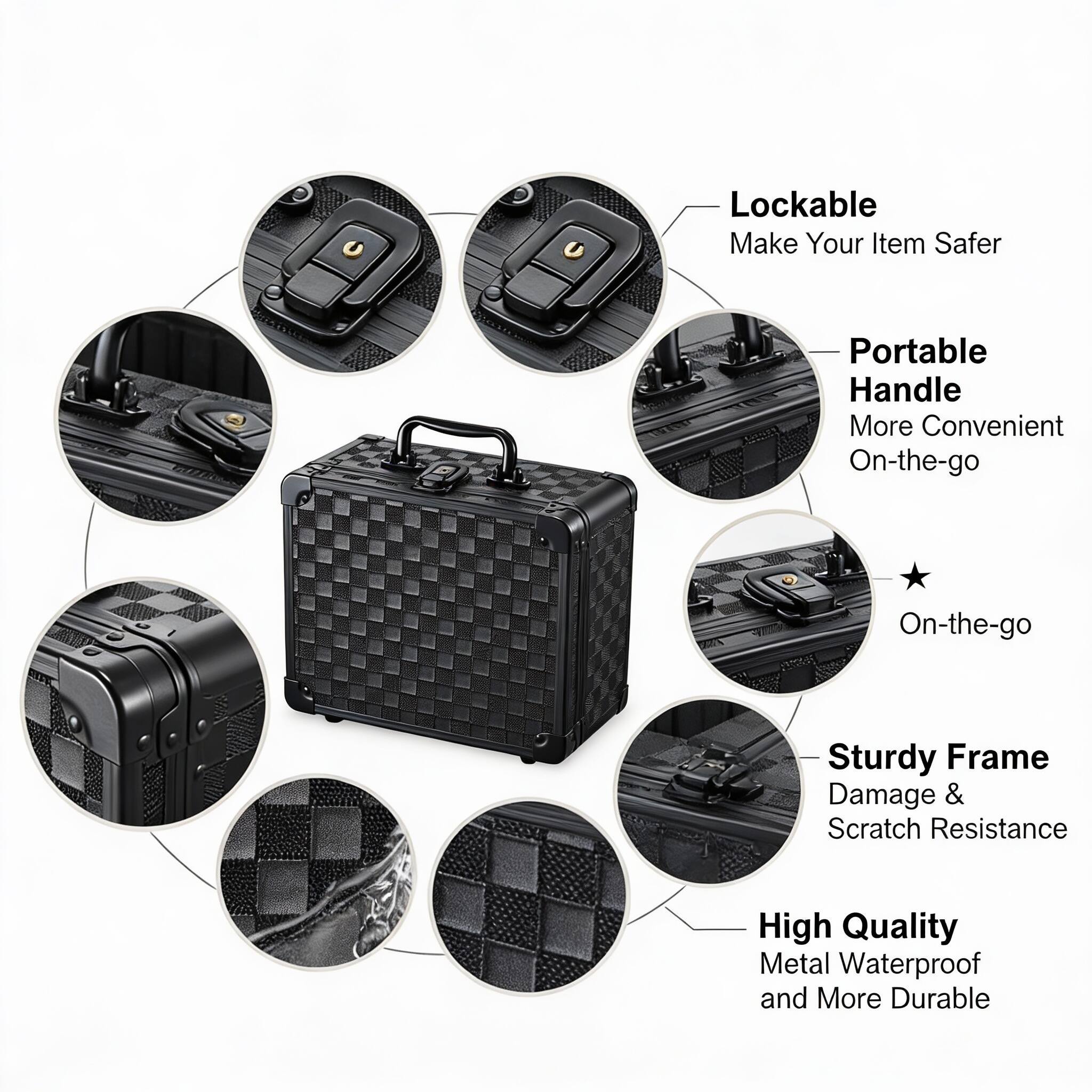 - Lockable: Make Your Item Safer
- Portable Handle: More Convenient On-the-go
- Sturdy Frame: Damage & Scratch Resistance
- High Quality: Metal Waterproof and More Durable