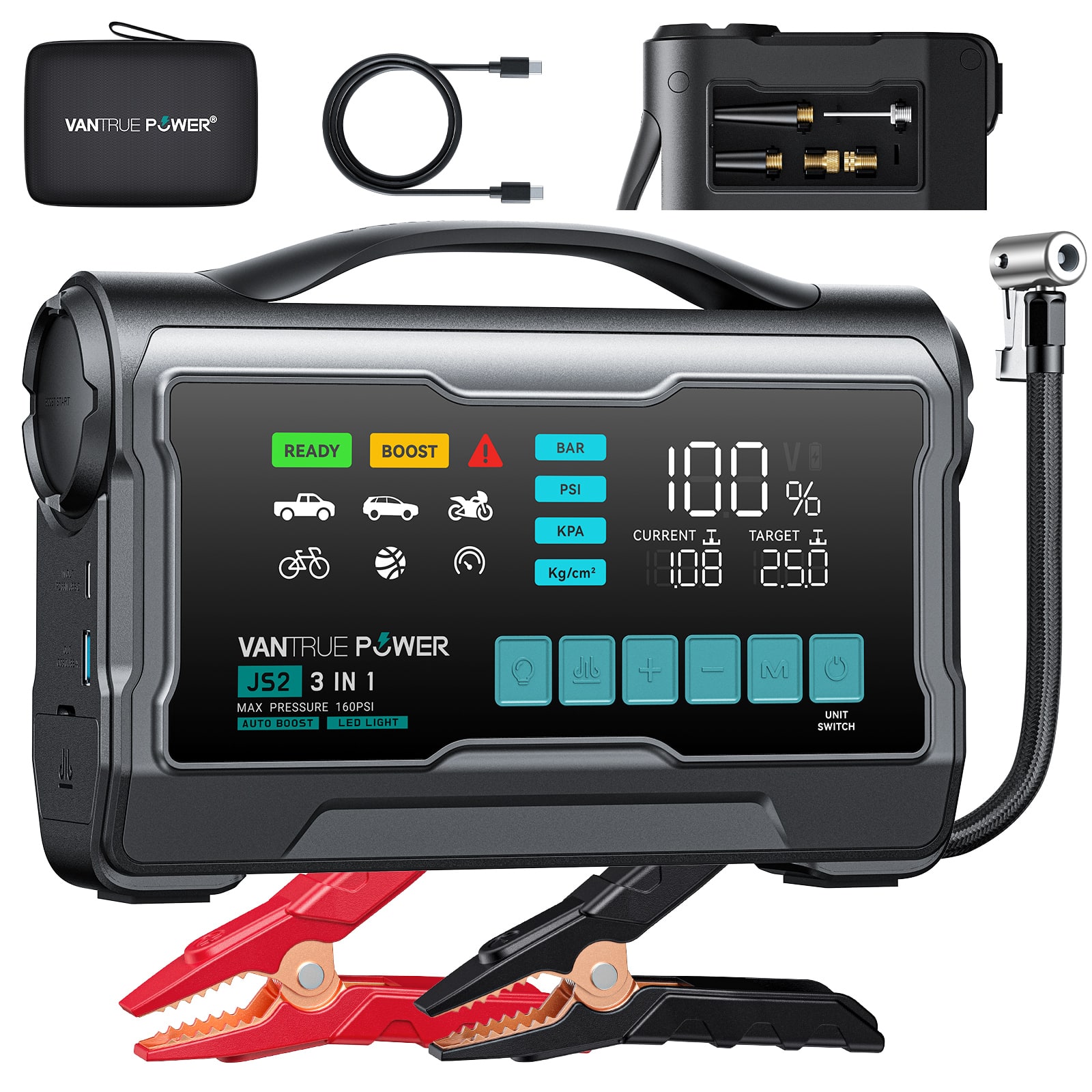Vantrue - JS2 4-in-1 Car Jump Starter with Air Compressor, 2500A, PD 65W Quick Charge, 160PSI, for 6L Gas/3L Diesel
